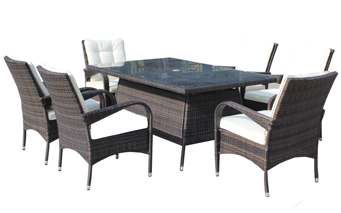 GFD Home - Patio 7-Piece Rectangular Dining Set with 6 Dining Chairs (Brown &Beige Cushion ) - GreatFurnitureDeal