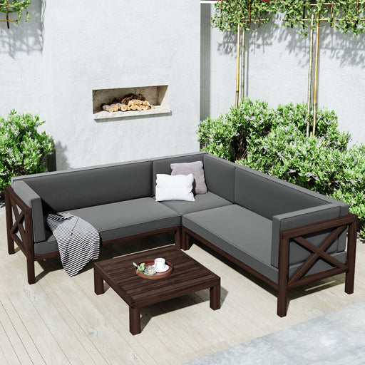 GFD Home - TOPMAX Outdoor Wood Patio Backyard 4-Piece Sectional Seating Group with Cushions and Table X-Back Sofa Set for Small Places, Brown Finish+Gray Cushions - GreatFurnitureDeal