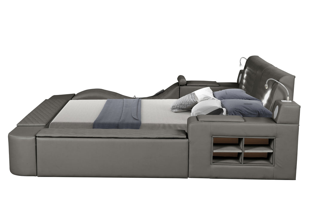 GFD Home - Zoya Smart Multifunctional King Size Bed Made with Wood in Gray - GreatFurnitureDeal