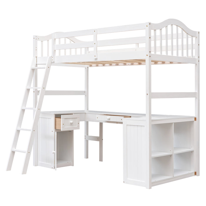 GFD Home - Twin size Loft Bed with Drawers, Cabinet, Shelves and Desk, Wooden Loft Bed with Desk - White(OLD SKU :LT000505AAK) - GreatFurnitureDeal