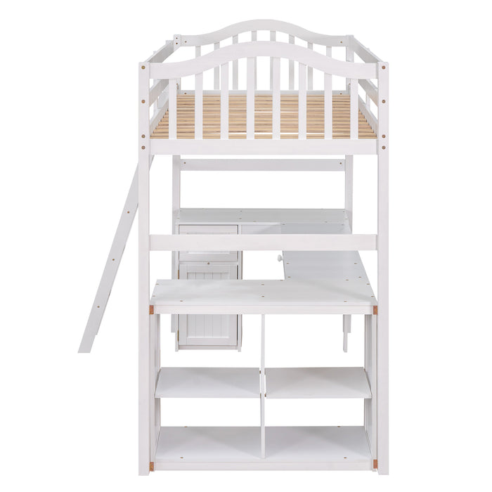 GFD Home - Twin size Loft Bed with Drawers, Cabinet, Shelves and Desk, Wooden Loft Bed with Desk - White(OLD SKU :LT000505AAK) - GreatFurnitureDeal