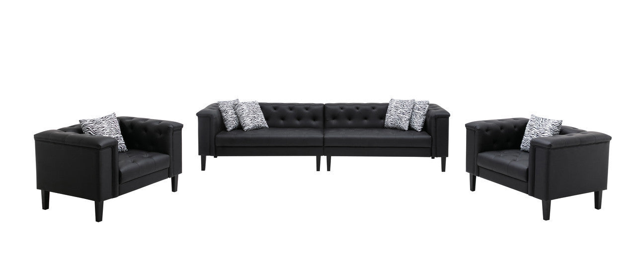 GFD Home - Sarah Black Vegan Leather Tufted Sofa 2 Chairs Living Room Set With 6 Accent Pillows - GreatFurnitureDeal