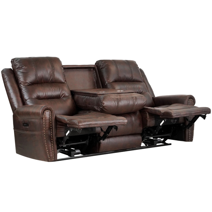 GFD Home - Slora Leather Gel Brown Power Reclining 81.5" Sofa With Power Headrest and Dropdown Center Table ( Sofa ) - GreatFurnitureDeal