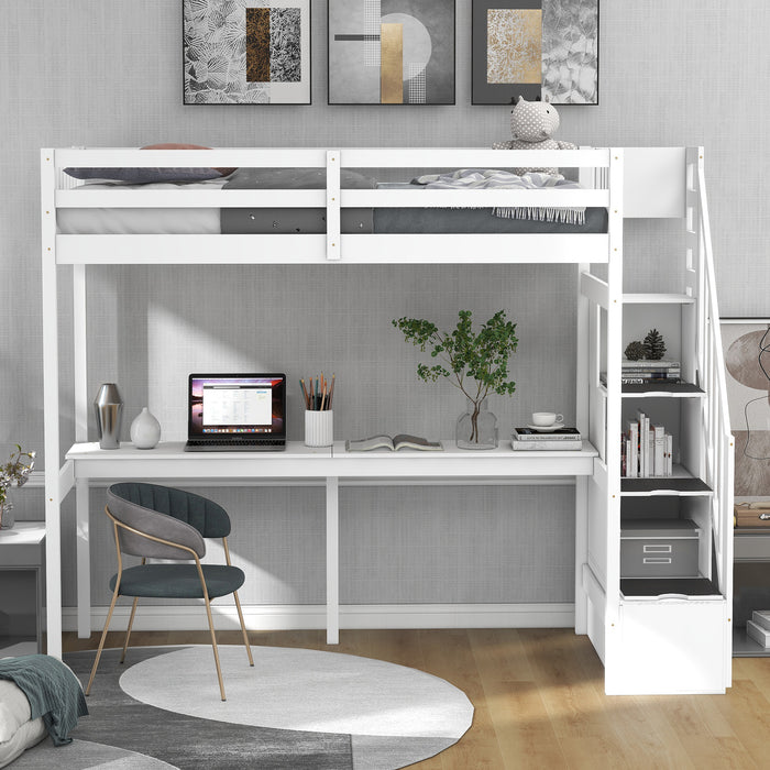 GFD Home - Twin Size Loft Bed with Storage Staircase and Built-in Desk, White (Old SKU:GX000903AAK) - GreatFurnitureDeal