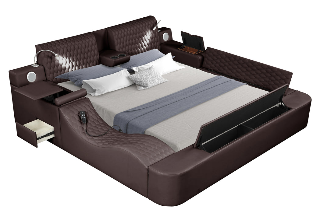 GFD Home - Zoya Smart Multifunctional Queen Size Bed Made with Wood in Brown - GreatFurnitureDeal