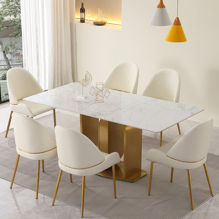 GFD House - 71" Contemporary Dining Table in Gold with Sintered Stone Top and  U shape Pedestal Base in Gold finish with 6 pcs Chairs . - GreatFurnitureDeal