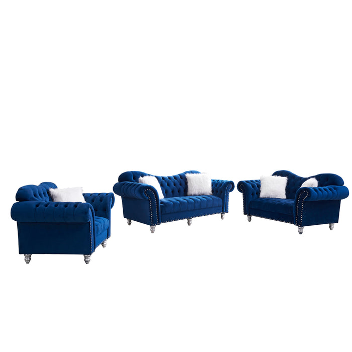 GFD Home - 3 Piece Living Room Sofa Set, including 3-Seater Sofa, Loveseat and Sofa Chair, with Button and Copper Nail on Arms and Back, Five White Villose Pillow, Blue. - GreatFurnitureDeal