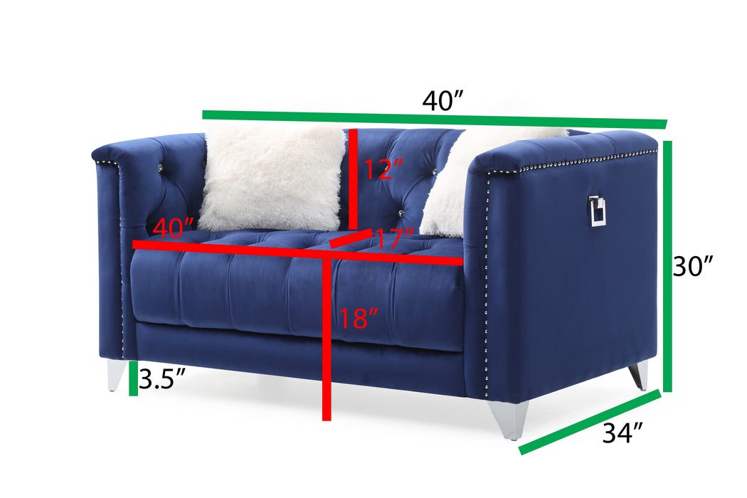GFD Home - Russell Tufted Upholstery 3 Pc Living Room Set Finished in Velvet Fabric in Blue - GreatFurnitureDeal