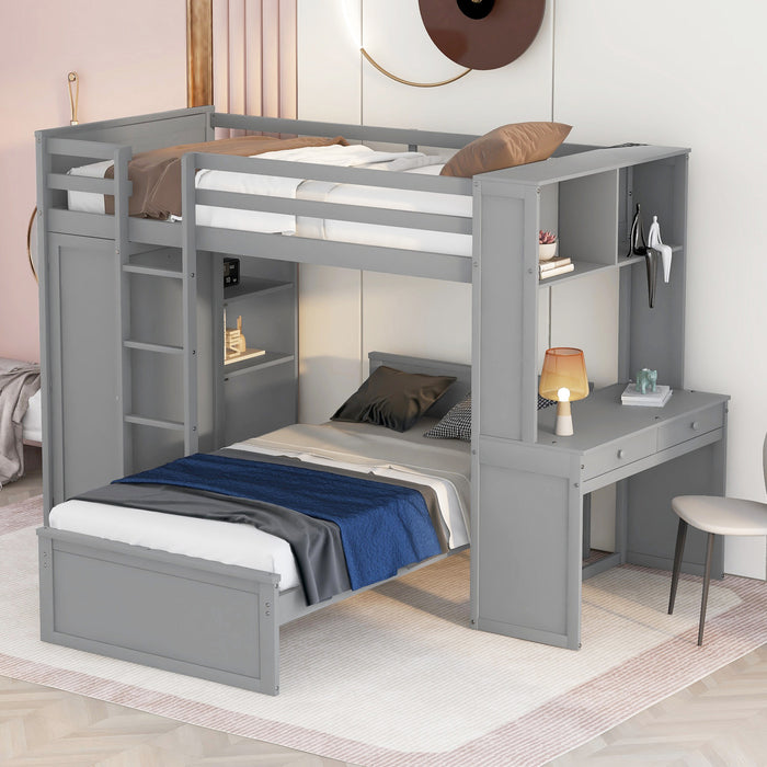 GFD Home - Twin size Loft Bed with a Stand-alone bed, Shelves,Desk,and Wardrobe-Gray - GreatFurnitureDeal