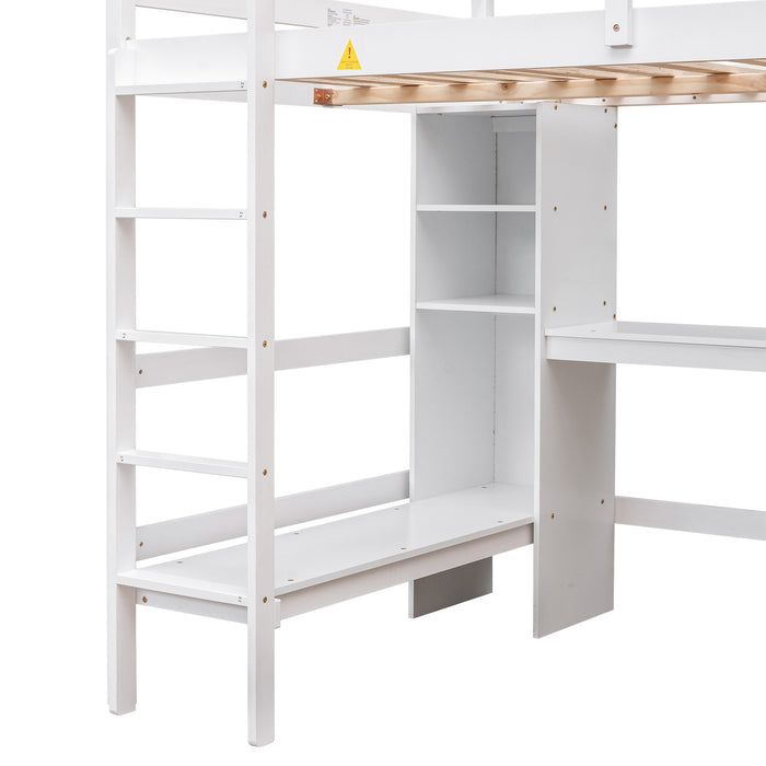 GFD Home - Full Size Loft Bed with Multifunction Shelves and Under-bed Desk, White - GreatFurnitureDeal