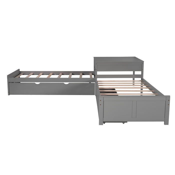 GFD Home - L-shaped Platform Bed with Trundle and Drawers Linked with built-in Desk,Twin,Gray - GreatFurnitureDeal