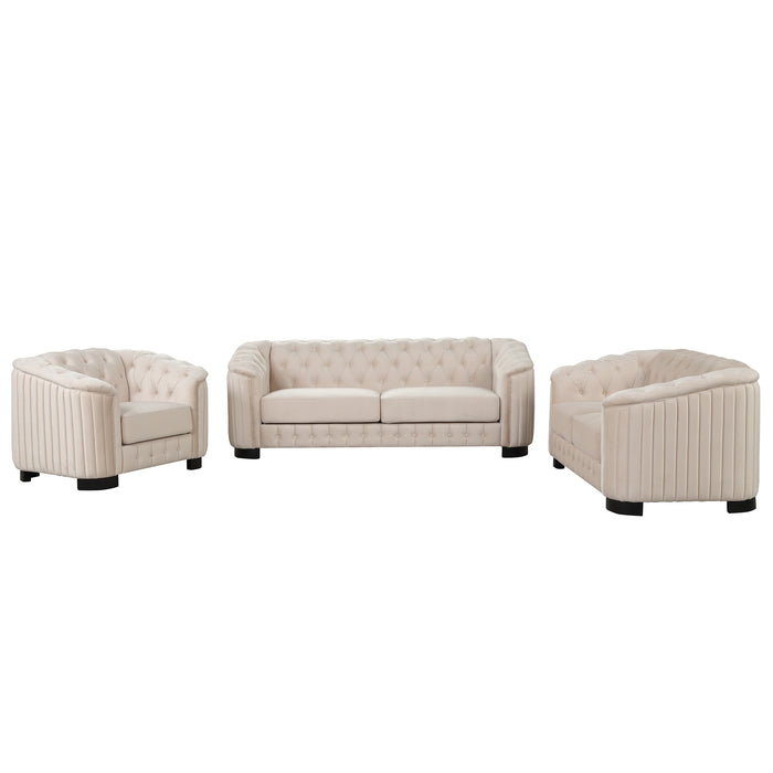 GFD Home - Modern 3-Piece Sofa Sets with Rubber Wood Legs,Velvet Upholstered Couches Sets Including Three Seat Sofa, Loveseat and Single Chair for Living Room Furniture Set,Beige - GreatFurnitureDeal