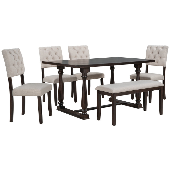 GFD Home - TREXM 6-Piece Dining Table and Chair Set with Special-shaped Legs and Foam-covered Seat Backs&Cushions for Dining Room (Espresso) - GreatFurnitureDeal