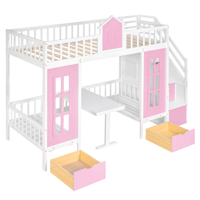 GFD Home - Twin-Over-Twin Bunk Bed with Changeable Table , Bunk Bed  Turn into Upper Bed and Down Desk with 2 Drawers - Pink - GreatFurnitureDeal