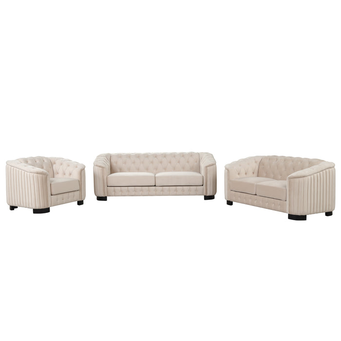 GFD Home - Modern 3-Piece Sofa Sets with Rubber Wood Legs,Velvet Upholstered Couches Sets Including Three Seat Sofa, Loveseat and Single Chair for Living Room Furniture Set,Beige - GreatFurnitureDeal