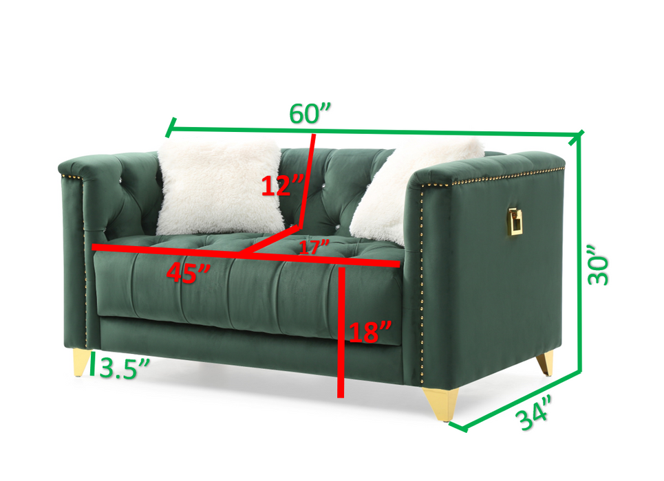 GFD Home - Russell Tufted Upholstery 2 Pc Living Room Set Finished in Velvet Fabric in Green - GreatFurnitureDeal