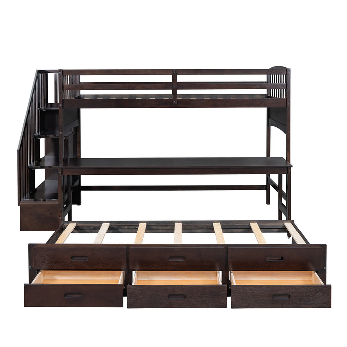 GFD Home - Stairway Twin XL Loft Bed with Twin Size Trundle and 3 Drawers, Storage, Desk, Espresso - GreatFurnitureDeal