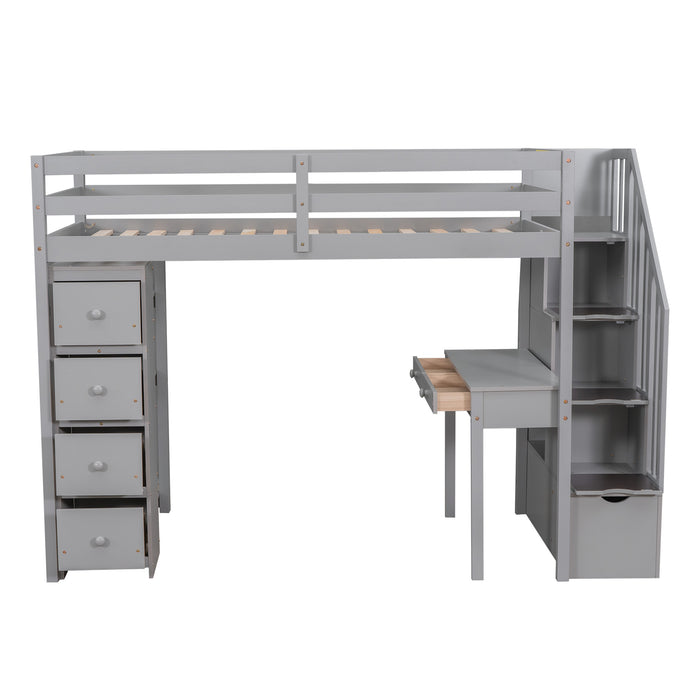 GFD Home - Twin size Loft Bed with Storage Drawers ,Desk and Stairs, Wooden Loft Bed with Shelves - Gray - GreatFurnitureDeal