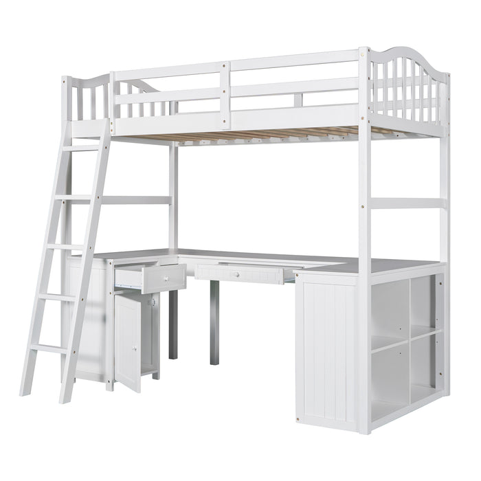 GFD Home - Twin size Loft Bed with Drawers, Cabinet, Shelves and Desk, Wooden Loft Bed with Desk - White(OLD SKU :LP000505AAK) - GreatFurnitureDeal