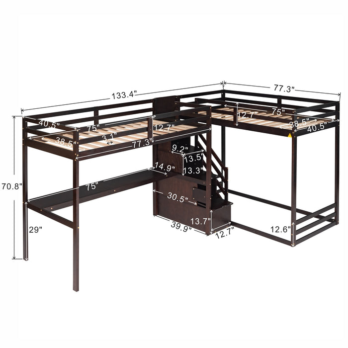 GFD Home - L-Shaped Twin Size Bunk Bed and Loft Bed with Built-in Middle Staircase and Desk,Espresso - GreatFurnitureDeal