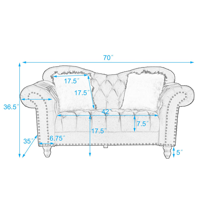 GFD House - 3 Piece Living Room Sofa Set, including 3-Seater Sofa, Loveseat and Sofa Chair, with Button and Copper Nail on Arms and Back, Five White Villose Pillow, Grey. - GreatFurnitureDeal