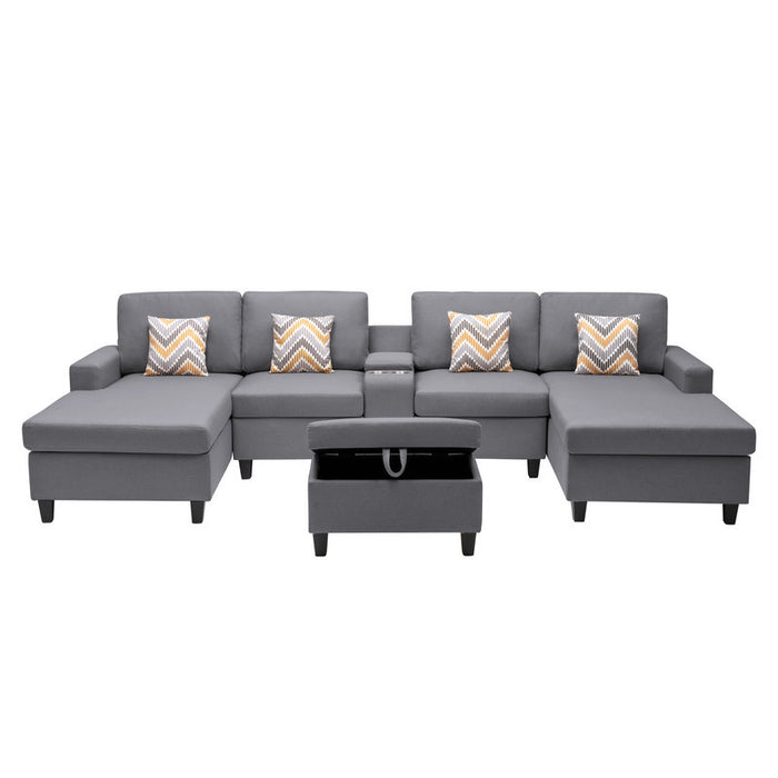 GFD Home - Nolan Gray Linen Fabric 6Pc Double Chaise Sectional Sofa with Interchangeable Legs, Storage Ottoman, Pillows, and a USB, Charging Ports, Cupholders, Storage Console Table - GreatFurnitureDeal