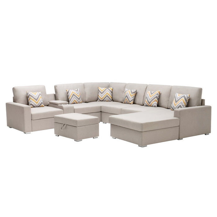 GFD Home - Nolan Beige Linen Fabric 8Pc Reversible Chaise Sectional Sofa with Interchangeable Legs, Pillows, Storage Ottoman, and a USB, Charging Ports, Cupholders, Storage Console Table - GreatFurnitureDeal