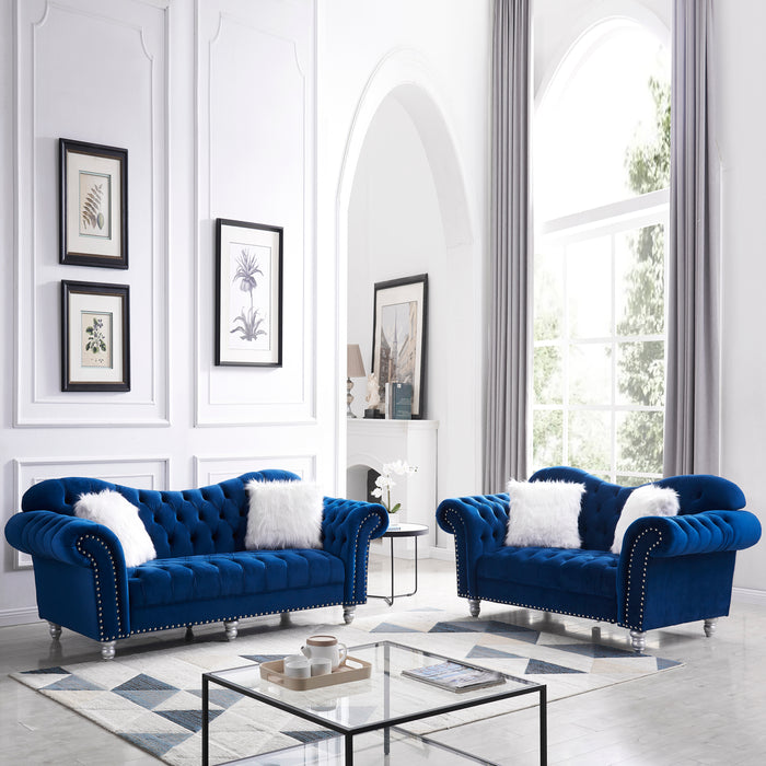 GFD Home - 3 Piece Living Room Sofa Set, including 3-Seater Sofa, Loveseat and Sofa Chair, with Button and Copper Nail on Arms and Back, Five White Villose Pillow, Blue. - GreatFurnitureDeal