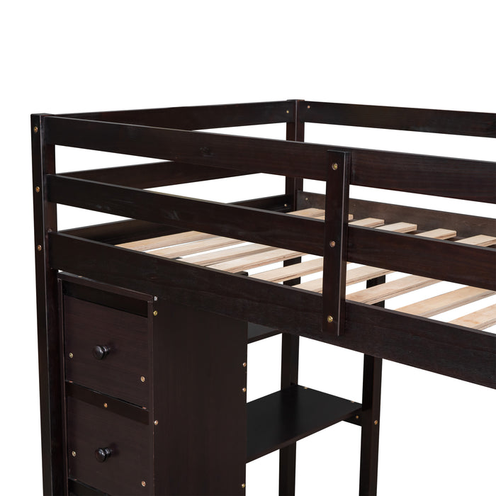 GFD Home - Twin size Loft Bed with Storage Drawers ,Desk and Stairs, Wooden Loft Bed with Shelves - Espresso - GreatFurnitureDeal