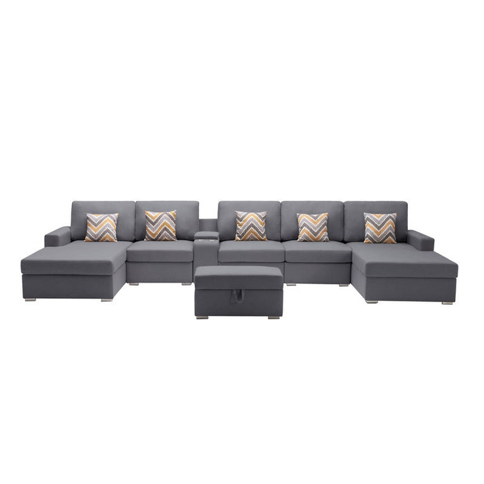 GFD Home - Nolan Gray Linen Fabric 7Pc Double Chaise Sectional Sofa with Interchangeable Legs, Storage Ottoman, Pillows, and a USB, Charging Ports, Cupholders, Storage Console Table - GreatFurnitureDeal