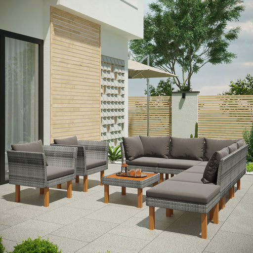 GFD Home - GO 9-Piece Outdoor Patio Garden Wicker Sofa Set, Gray PE Rattan Sofa Set, with Wood Legs, Acacia Wood Tabletop, Armrest Chairs with Gray Cushions - GreatFurnitureDeal