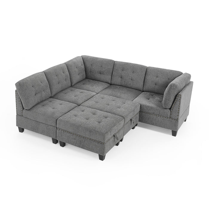 GFD Home - L shape Modular Sectional Sofa，DIY Combination，includes Three Single Chair ，Two Corner and Two Ottoman，Grey Chenille - GreatFurnitureDeal