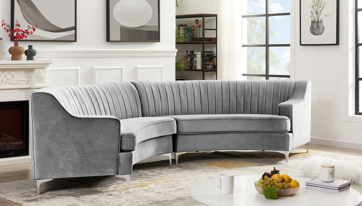 GFD Home - Grey Velvet Curved Sofa - GreatFurnitureDeal