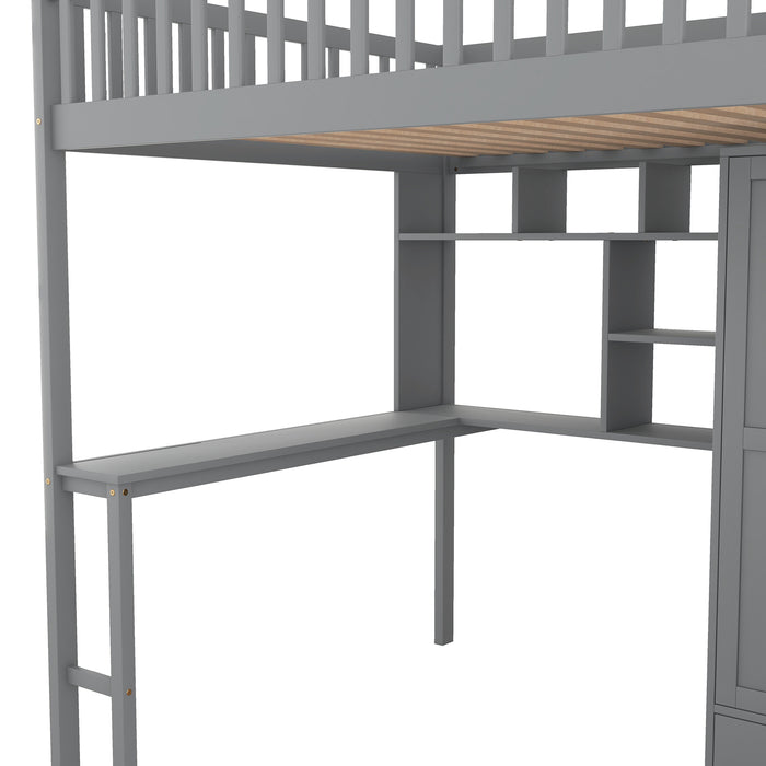 GFD Home - Full size Loft Bed with Bookshelf,Drawers,Desk,and Wardrobe-Gray - GreatFurnitureDeal