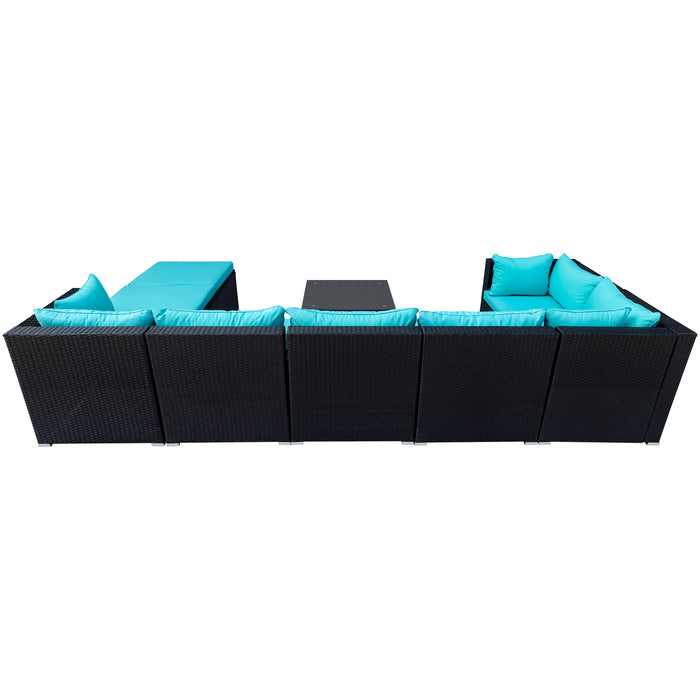 GFD Home - GO 9-piece Outdoor Patio PE Wicker Rattan conversation Sectional Sofa sets with 3 sofa, 3 corner sofa, 2 ottomans, and 1 glass coffee table, removable soft cushions (Black wicker, Blue cushion) - GreatFurnitureDeal