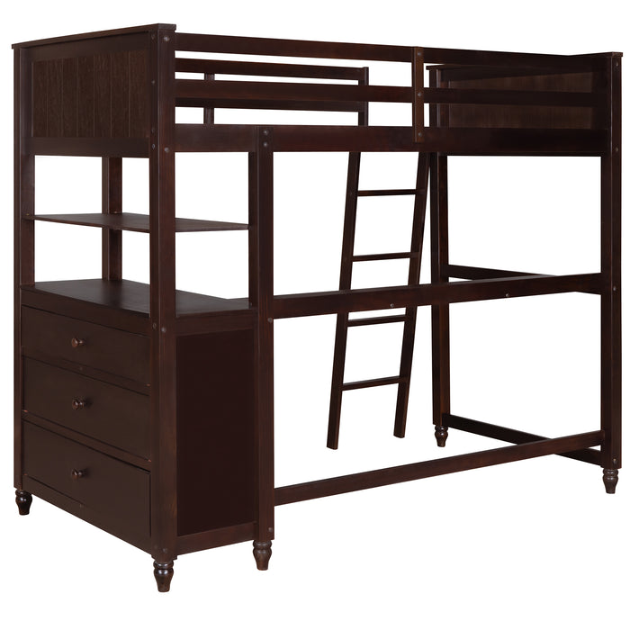 GFD Home - Twin size Loft Bed with Drawers and Desk, Wooden Loft Bed with Shelves - Espresso(OLD SKU: LP000530AAP) - GreatFurnitureDeal