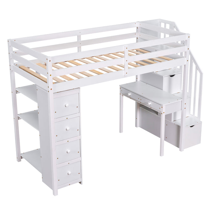 GFD Home - Twin size Loft Bed with Storage Drawers ,Desk and Stairs, Wooden Loft Bed with Shelves - White - GreatFurnitureDeal