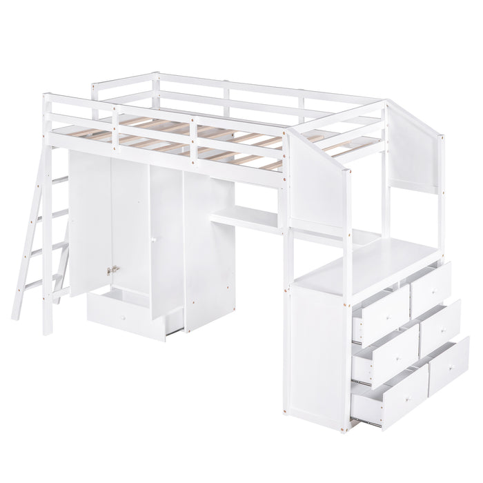 GFD Home - Twin Size Loft Bed with Wardrobe and Drawers, attached Desk with Shelves, White - GreatFurnitureDeal