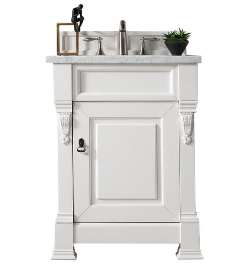 James Martin Furniture - Brookfield 26" Bright White Single Vanity w- 3 CM Carrara Marble Top - 147-V26-BW-3CAR - GreatFurnitureDeal