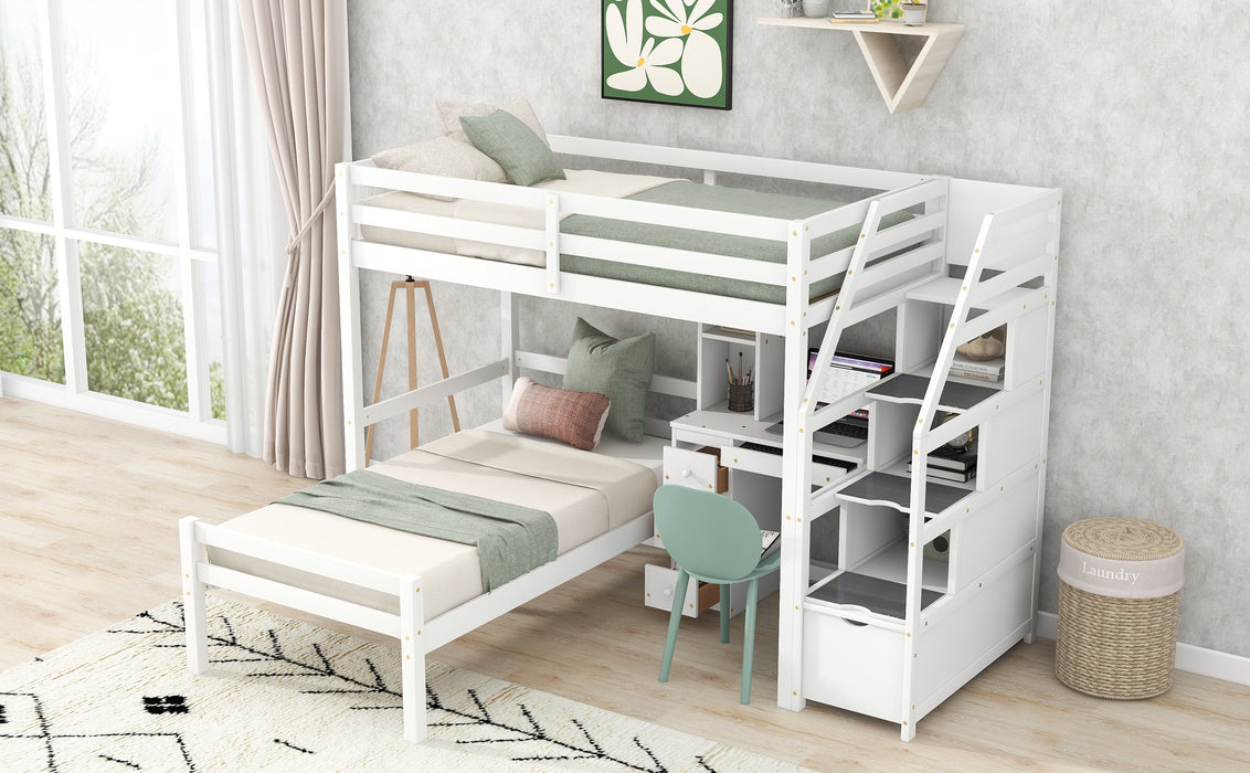 GFD Home - Twin Size Loft Bed with a Stand-alone Bed, Storage Staircase, Desk, Shelves and Drawers, White - GreatFurnitureDeal