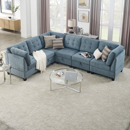 GFD Home - L shape Modular Sectional Sofa，DIY Combination，includes Three Single Chair and Three Corner ，Navy Chenille - GreatFurnitureDeal