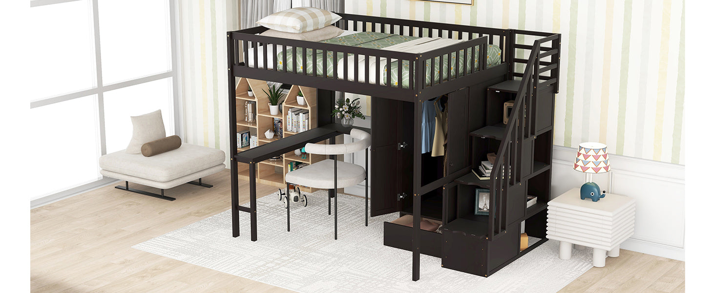 GFD Home - Full size Loft Bed with Bookshelf,Drawers,Desk,and Wardrobe-Espresso - GreatFurnitureDeal