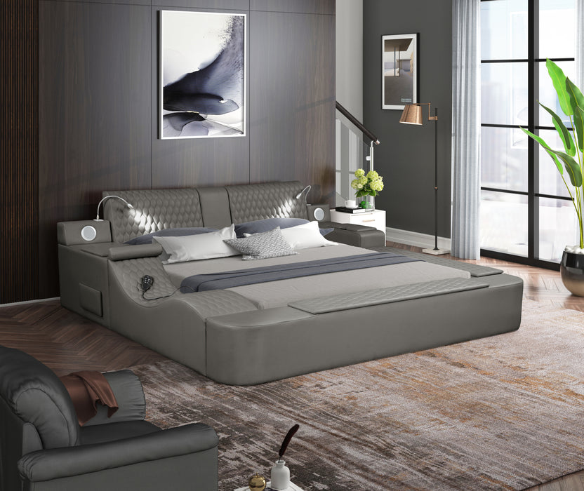 GFD Home - Zoya Smart Multifunctional King Size Bed Made with Wood in Gray - GreatFurnitureDeal