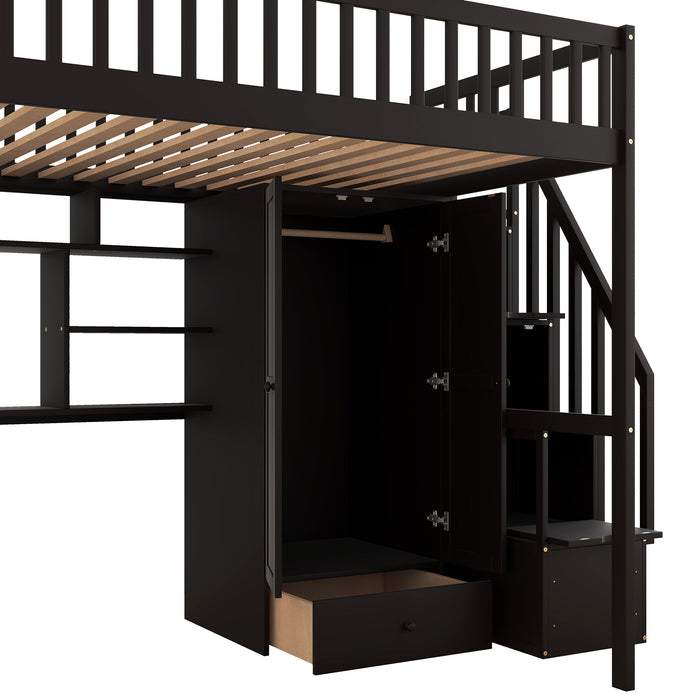 GFD Home - Full size Loft Bed with Bookshelf,Drawers,Desk,and Wardrobe-Espresso - GreatFurnitureDeal