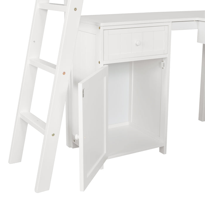 GFD Home - Twin size Loft Bed with Drawers, Cabinet, Shelves and Desk, Wooden Loft Bed with Desk - White(OLD SKU :LP000505AAK) - GreatFurnitureDeal