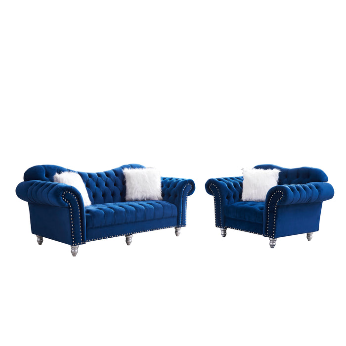 GFD Home - 3 Piece Living Room Sofa Set, including 3-Seater Sofa, Loveseat and Sofa Chair, with Button and Copper Nail on Arms and Back, Five White Villose Pillow, Blue.