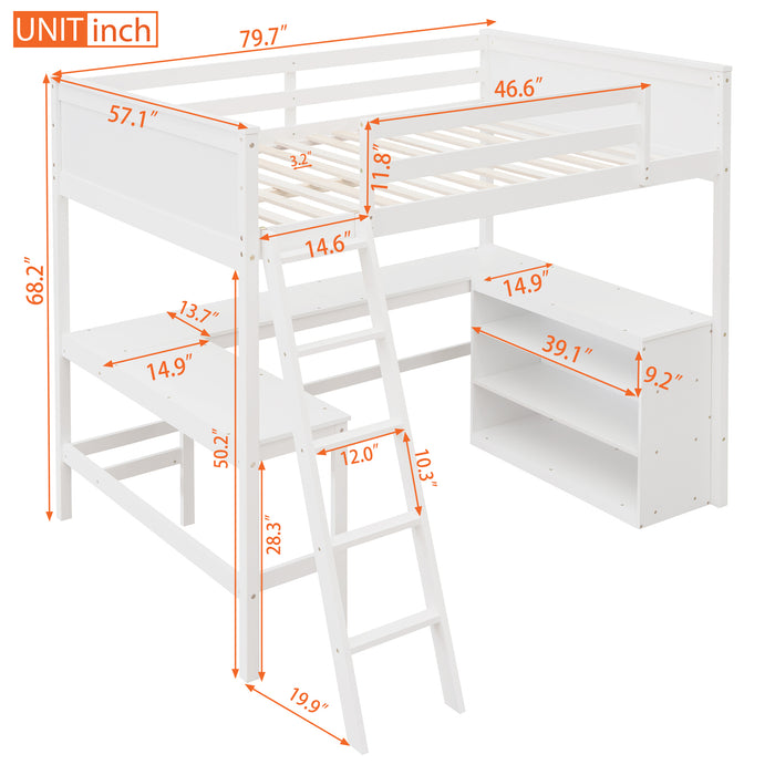 GFD Home - Full size Loft Bed with Shelves and Desk, Wooden Loft Bed with Desk - White - GreatFurnitureDeal