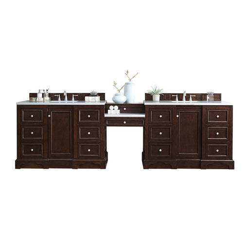 James Martin Furniture - De Soto 118" Double Vanity Set, Burnished Mahogany with Makeup Table, 3 CM Carrara Marble Top - 825-V118-BNM-DU-CAR - GreatFurnitureDeal