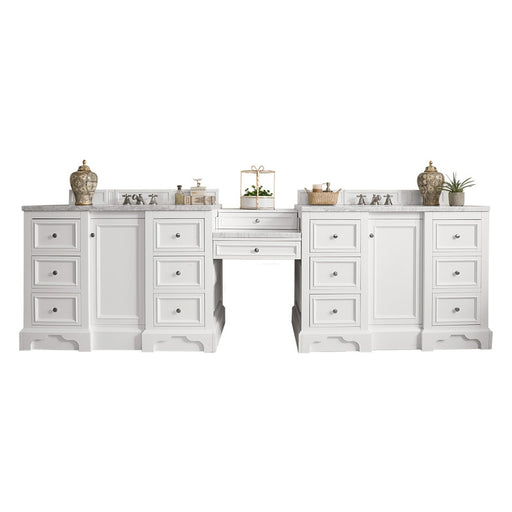 James Martin Furniture - De Soto 118" Double Vanity Set, Bright White with Makeup Table, 3 CM Carrara Marble Top - 825-V118-BW-DU-CAR - GreatFurnitureDeal