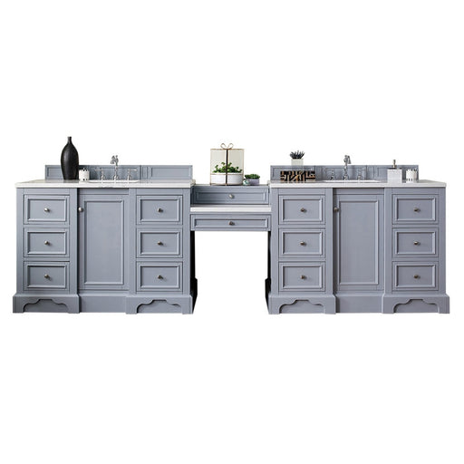 James Martin Furniture - De Soto 118" Double Vanity Set, Silver Gray with Makeup Table, 3 CM Carrara Marble Top - 825-V118-SL-DU-CAR - GreatFurnitureDeal